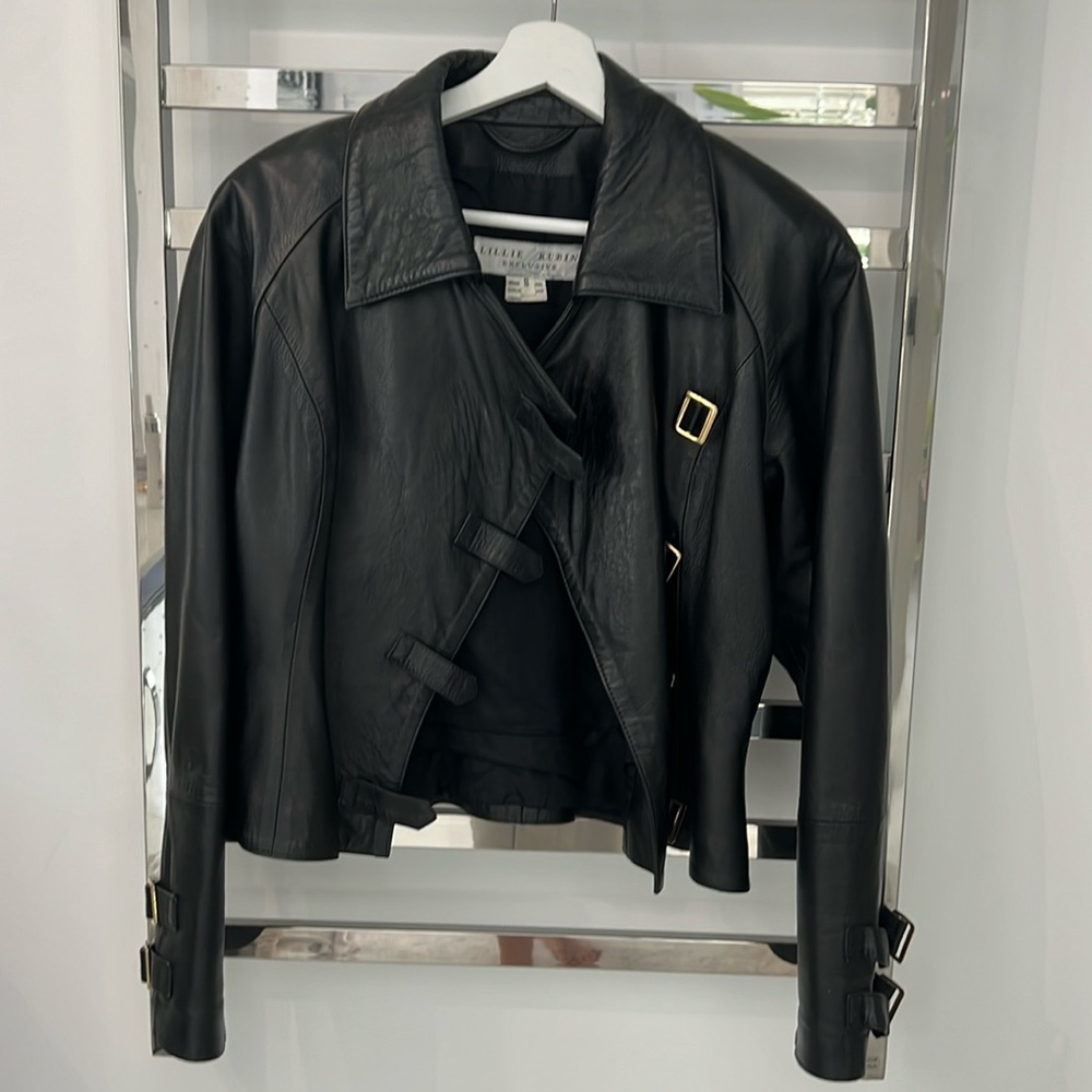 Black leather jacket with gold clips very stylish for fall